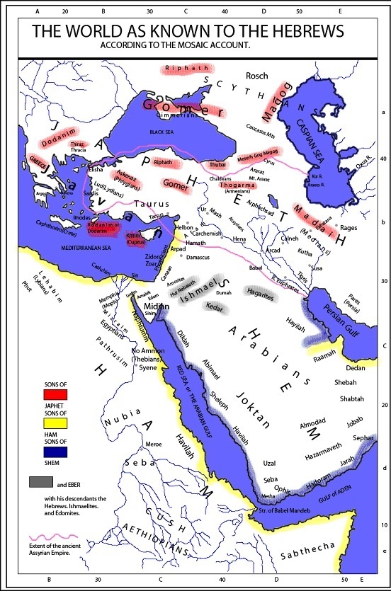 Kaart met landstreken van Ezechiël 38 & 39: Magog, Gomer, Meshech, Tubal, Togarma, Elam in Perzië en Libië als Lud en Sudan (Moren)